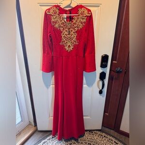 Luxurious Red Long Sleeve Dress with Gold Detailing